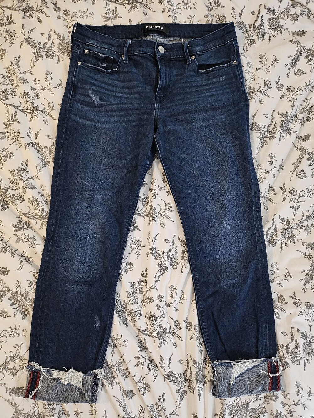 Express Women’s Dark Blue Boyfriend Jeans with Cuffed Hem